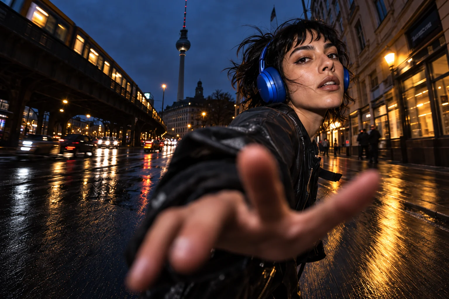 Campaign concept: a creator wearing blue headphones on a Berlin street at night